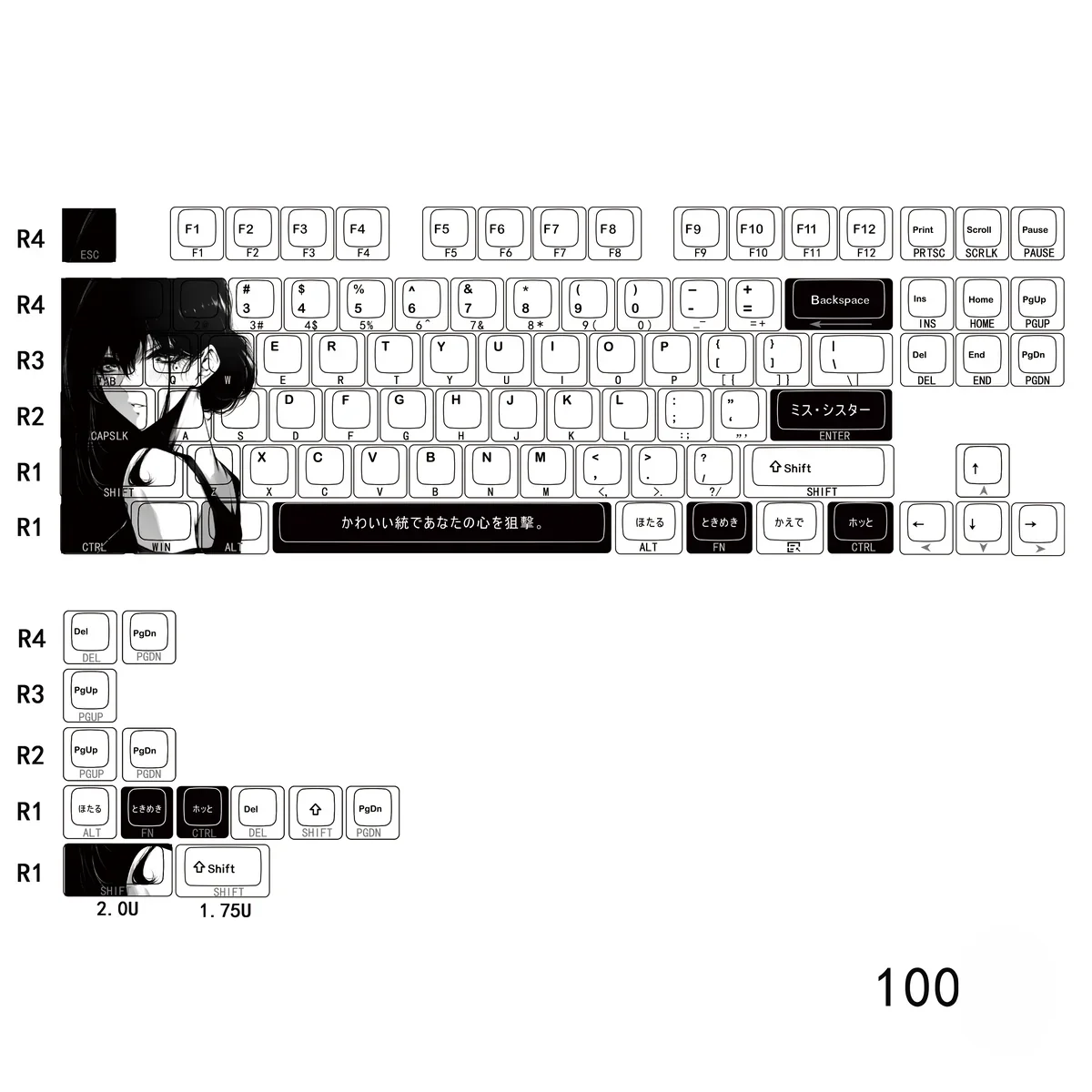 Artistic Original Character Aoki Side-Lit PBT Keycaps Set. Serene character designs, clean side-legends, and vibrant backlight compatibility from multiple angles.