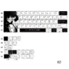 Artistic original character Aoki side-lit PBT keycaps set displayed from various angles, showcasing their unique serene designs, clean side-legends, and vibrant design.