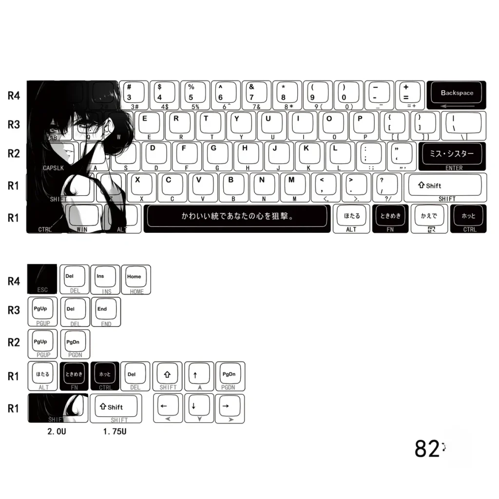 Artistic original character Aoki side-lit PBT keycaps set displayed from various angles, showcasing their unique serene designs, clean side-legends, and vibrant design.
