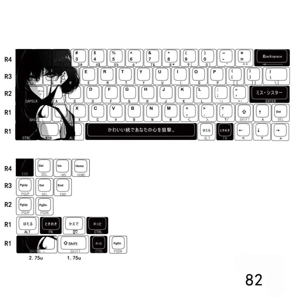 Artistic original character Aoki side-lit PBT keycaps set, showcasing unique designs and clean side legends from multiple angles, ideal for vibrant backlighting.