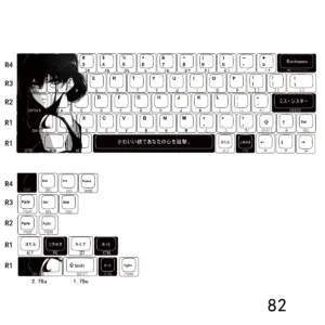 Artistic original character Aoki side-lit PBT keycaps set, showcasing unique designs and clean side legends from multiple angles, ideal for vibrant backlighting.