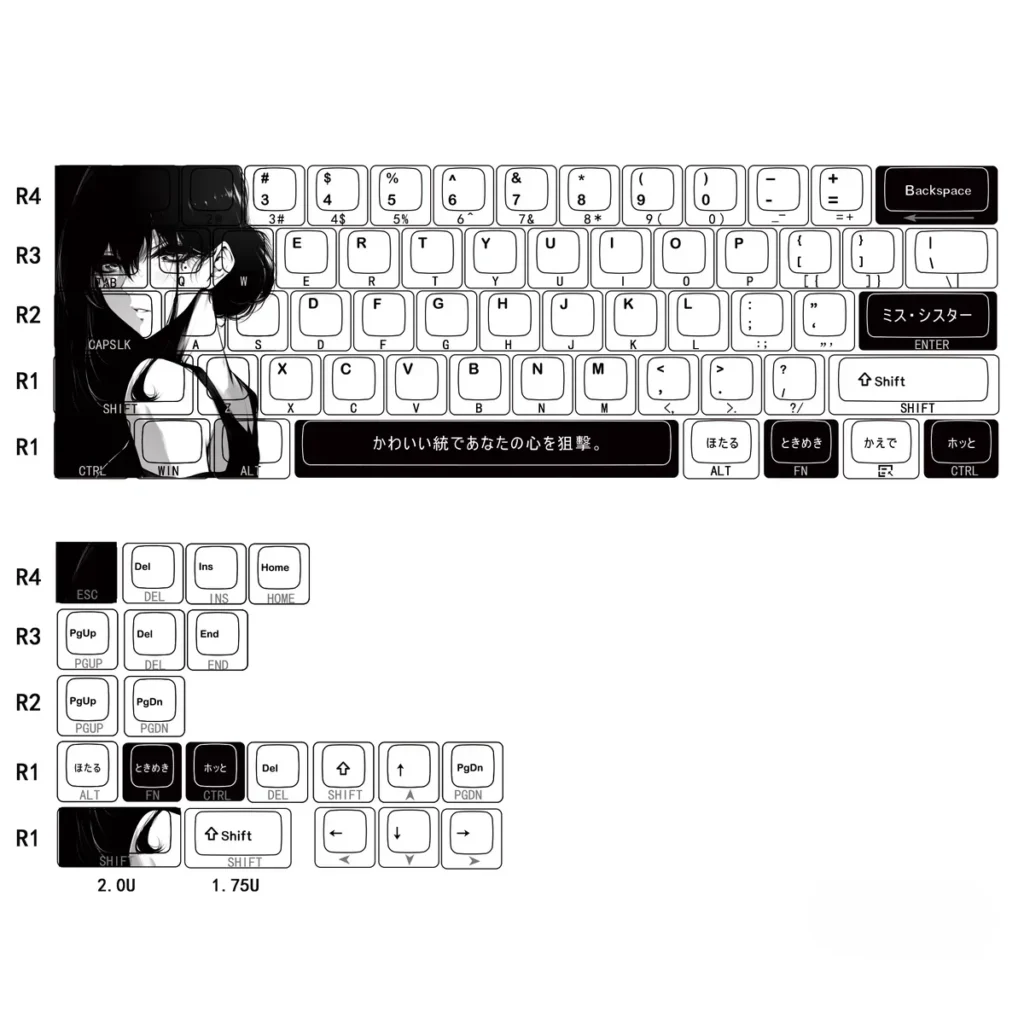 Close-up of serene artistic original character Aoki side-lit PBT keycaps set showcasing unique designs and clean side legends, ideal for vibrant backlighting.