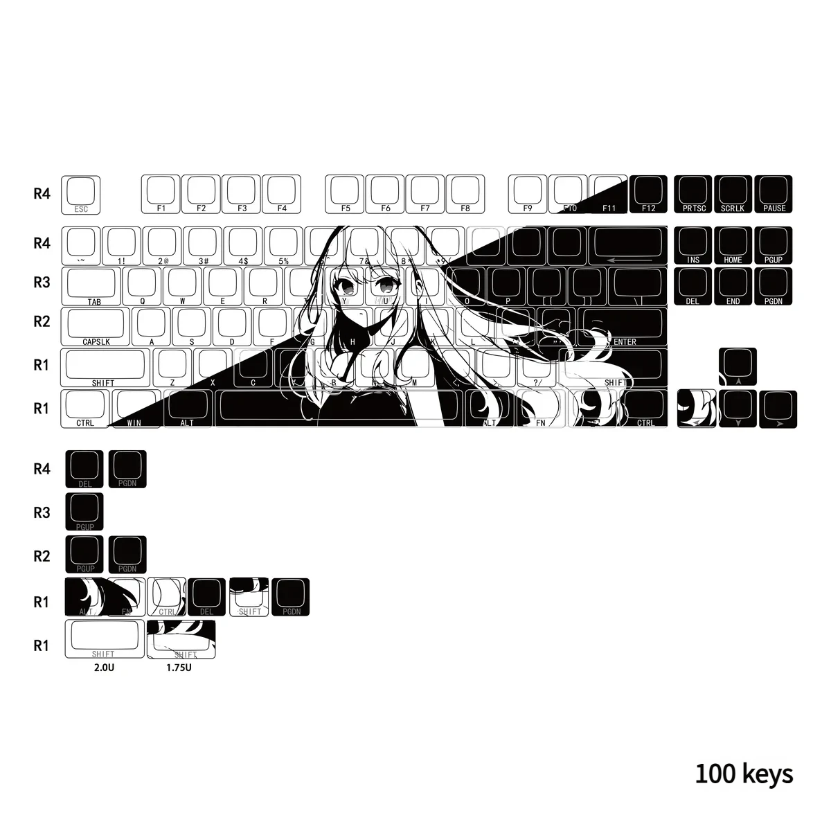 Gallery of Dawn Side-Lit PBT Keycaps Set, showcasing the mystical original character and celestial motifs from multiple angles. The unique side-lit glow setup.