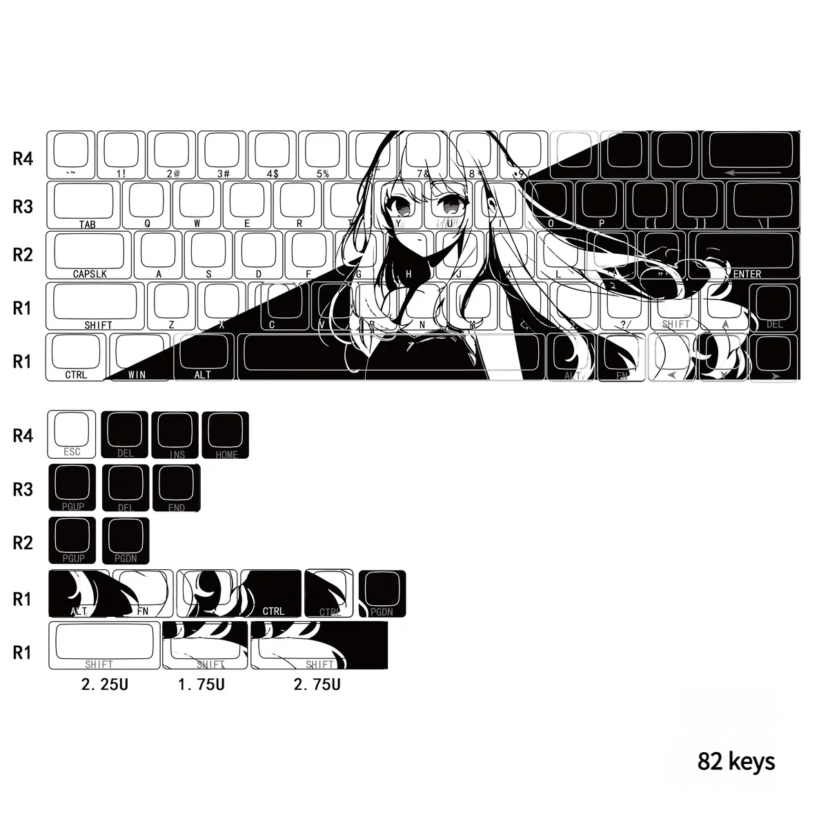 Captivating 82-key Dawn Side-Lit PBT Keycaps set, featuring the unique original character and its mystical side-lit glow, perfect for compact keyboard.