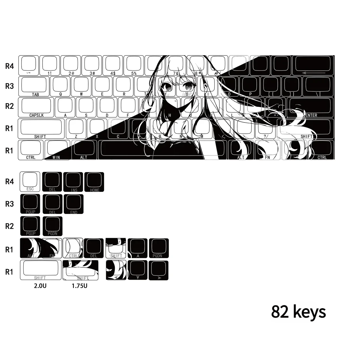 Artistic 82-key Dawn Side-Lit PBT Keycaps set for 60/65/67/68 keyboards, featuring a unique original character with captivating side-lit luminescence.