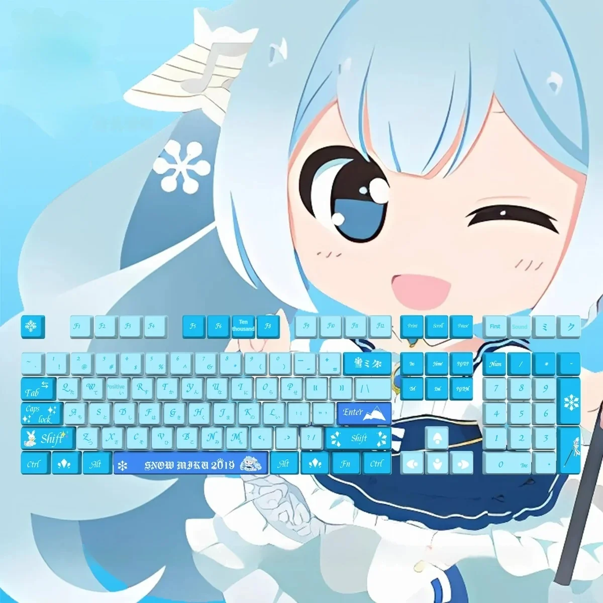 Snow Hatsune Miku PBT Dye-Sub keycaps set. Translucent front-engraved keys display an icy blue, white, and purple Winter Dream palette.