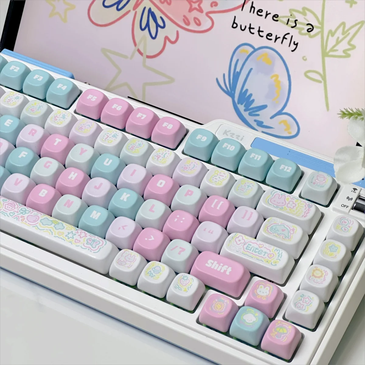 Playful Spring Line Art PBT Keycaps set, featuring durable PBT and minimalist spring line art. Subtle pastel accents enhance the clean, nature-inspired design.