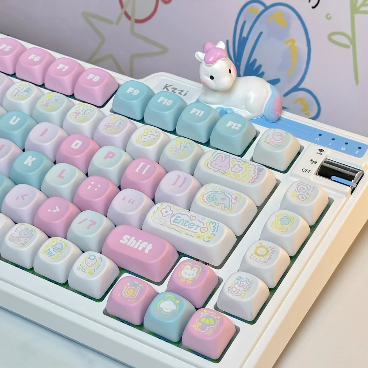 Spring Line Art PBT Keycaps set featuring playful, nature-inspired line art and subtle pastel accents, displayed from multiple angles. Durable PBT construction.