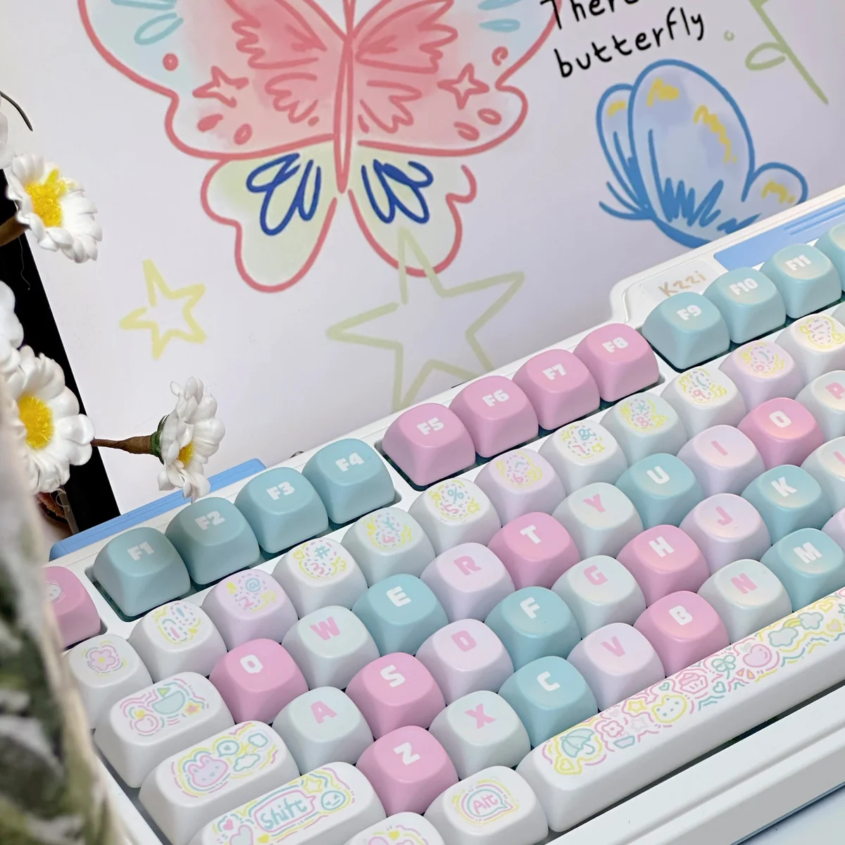 Spring Line Art PBT Keycaps Set from an elevated angle, highlighting durable PBT and intricate, playful line art of flowers and leaves with subtle pastel hues.