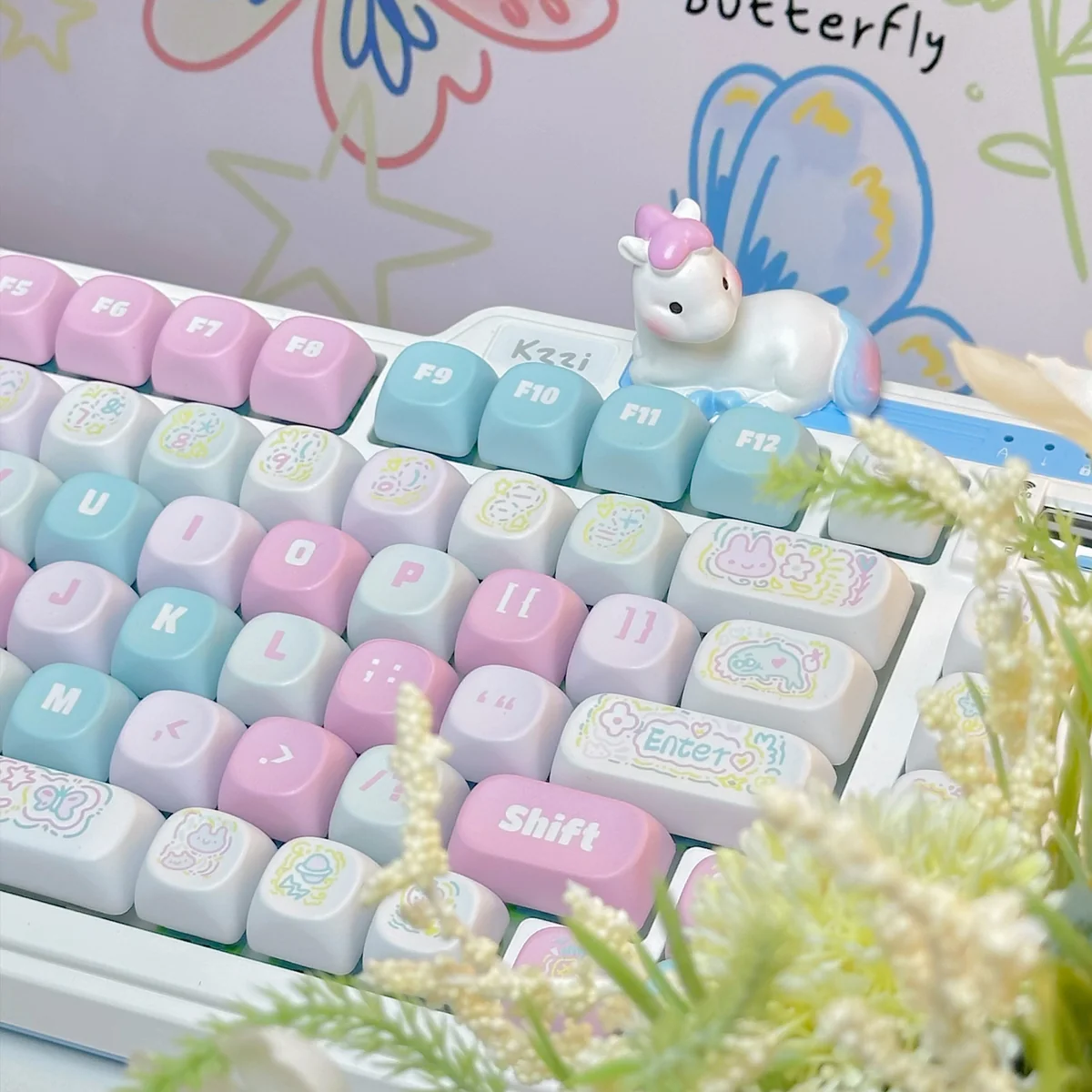 Spring Line Art PBT Keycaps Set gallery showing durable PBT keycaps from various angles, featuring playful, minimalist spring-themed line art and subtle pastel design.