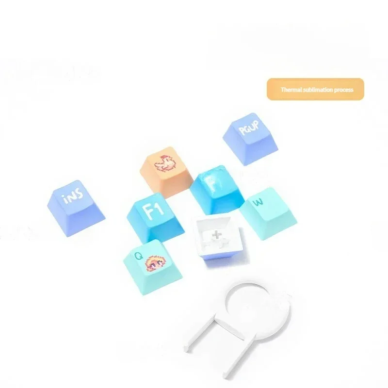 A close-up view of the Stardew Valley PBT dye-sub keycap set, showcasing vibrant pixel art and charming farm elements from various angles. Immerse yourself in.