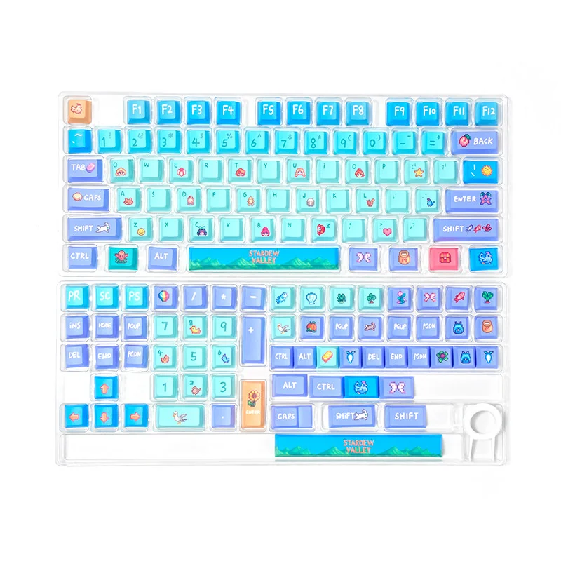 Gallery of Stardew Valley PBT dye-sub keycaps set, showcasing vibrant pixel art, charming farm elements, and earthy tones from various angles.