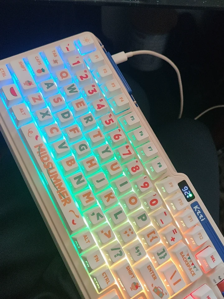 Vibrant Summer Party PBT keycaps set, featuring playful side-printed legends from multiple angles, highlighting their refreshing and unique aesthetic.