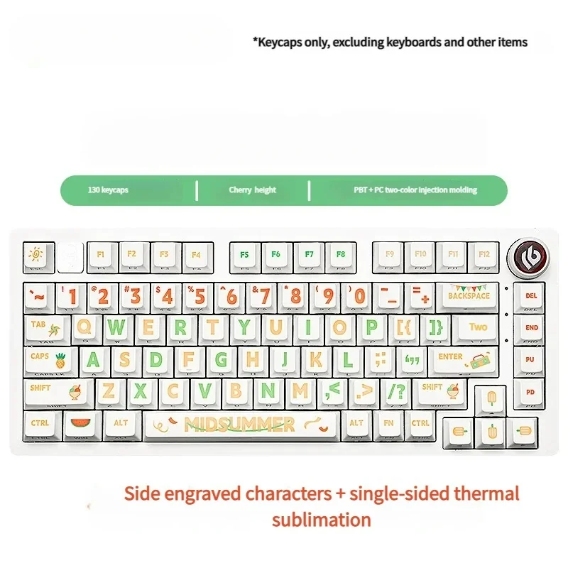 Close-up of vibrant Summer Party PBT keycaps, showcasing playful side-printed, translucent legends in Cherry profile for a backlit keyboard.
