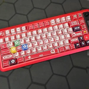 Vibrant Super Mario Family Computer PBT Dye-sub Keycaps Set showcasing iconic 8-bit characters and playful Famicom elements for gamers.