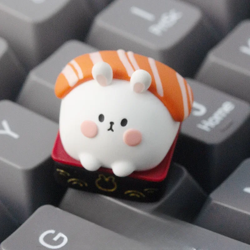 Whimsical handcrafted Sushi Rabbit ESC keycap, adorable resin art from various angles, showcasing vibrant colors and layered epoxy depth.