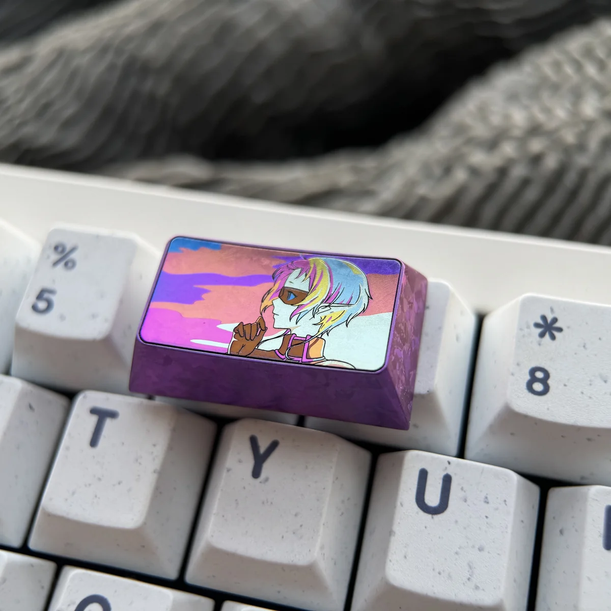 Vibrant Sylphiette anime artisan keycap crafted from premium polished titanium. See intricate character details from multiple angles on this 1.75u shift key.