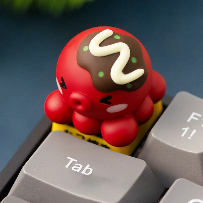 Handcrafted Takoyaki Resin ESC Keycap. Various angles reveal realistic miniature Japanese street food details, vibrant sauce, bonito, and nori.