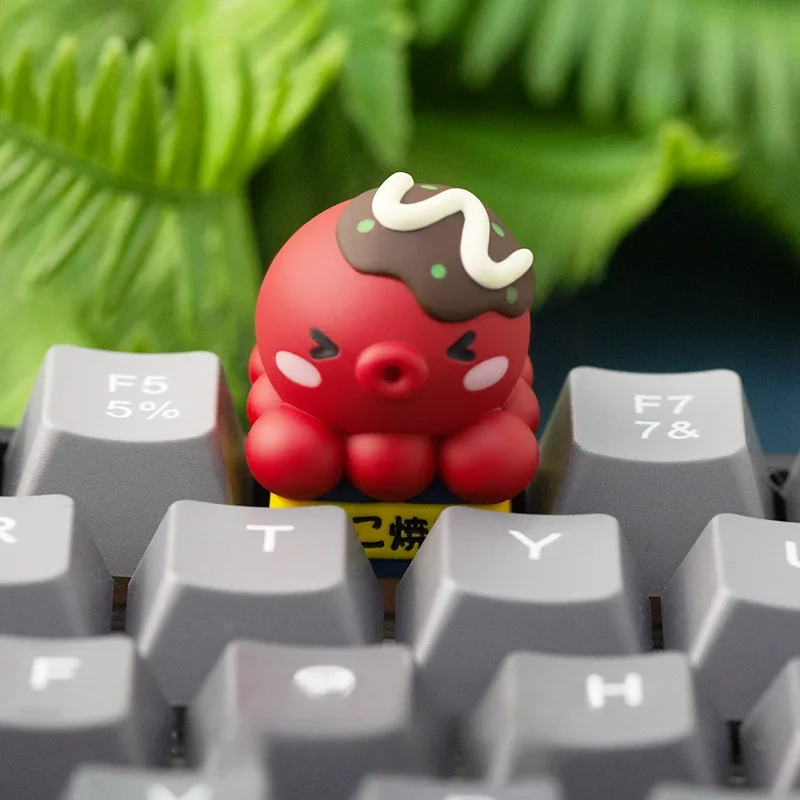 Detailed views of a handcrafted takoyaki resin ESC keycap, showcasing its vibrant, realistic miniature Japanese street food artistry from various angles.