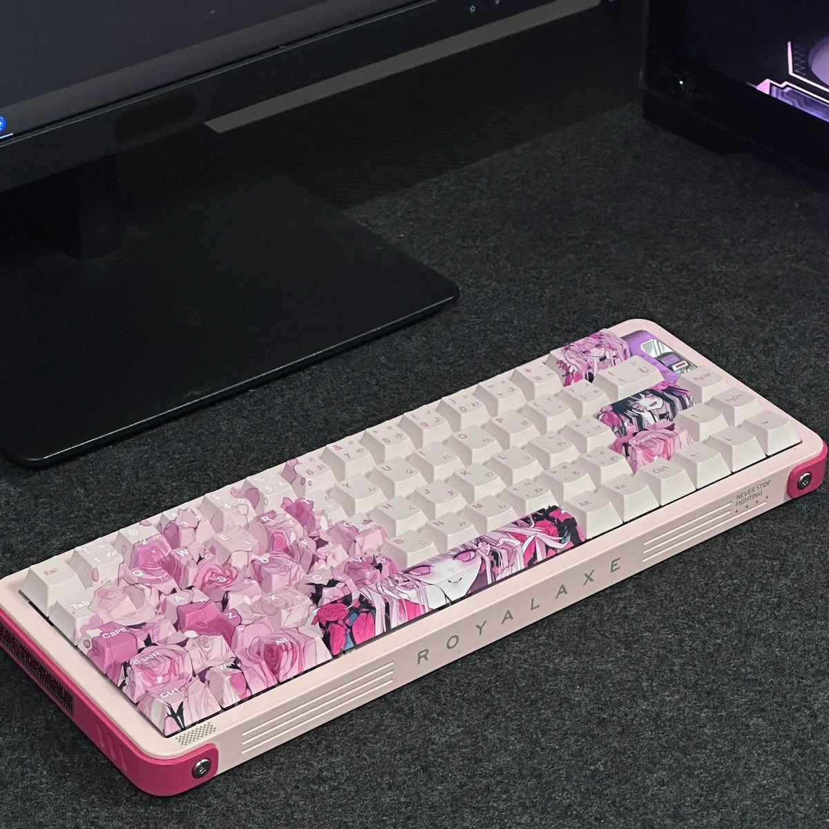 Charming Tang PBT Dye-Sub Keycap Set, featuring exclusive original anime-inspired art. Detailed views highlight delicate colors and intricate design.