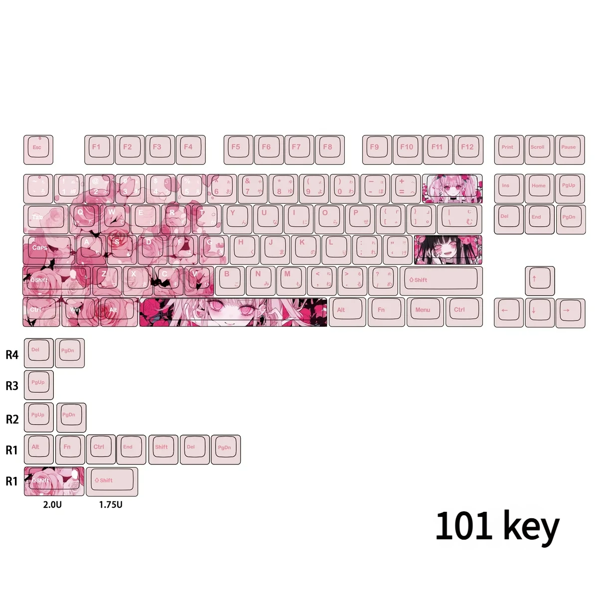 Charming Tang PBT Dye-Sub Keycaps Set shown from different angles. Features exclusive anime-inspired art with delicate colors and intricate details.