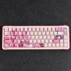 Close-up of a charming, exclusive Tang PBT dye-sub keycap set, showcasing unique anime art, delicate soft colors, and intricate details.