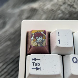 Front view of the exclusive Eris Boreas Greyrat titanium keycap, displaying vibrant anime art on polished titanium for a premium ESC button.