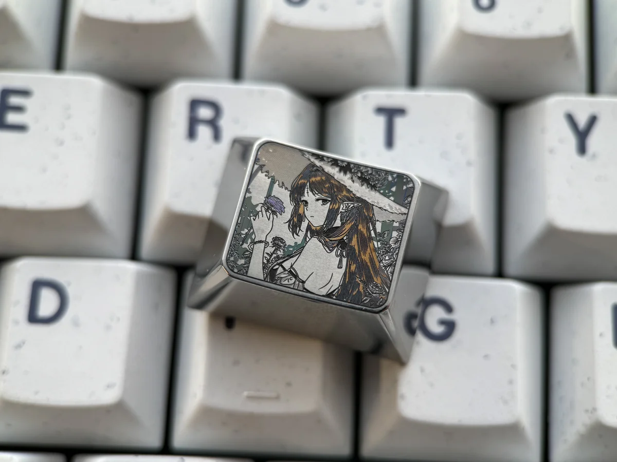 Cartethyia precision-engraved aerospace-grade titanium keycap, displaying the unique intricate metallic patterns of Theme Two, merging industrial elegant design.