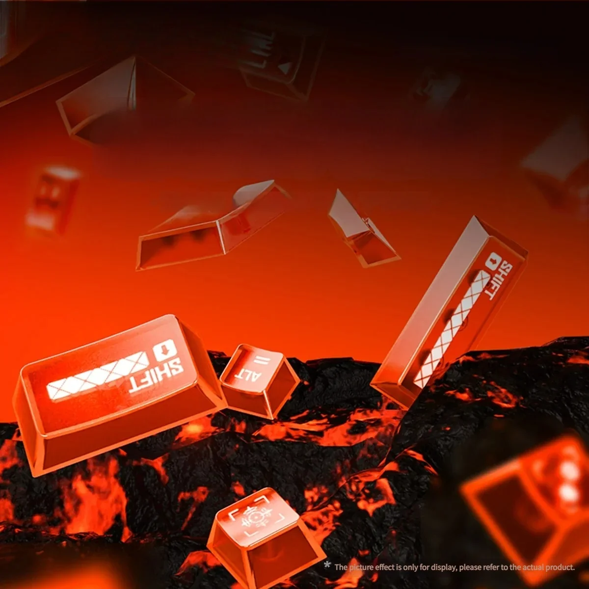 Vibrant transparent blue PC Supplement Keycap Set with an ethereal Dawn gradient, enhancing custom keyboards with artistic, luminous aesthetics.