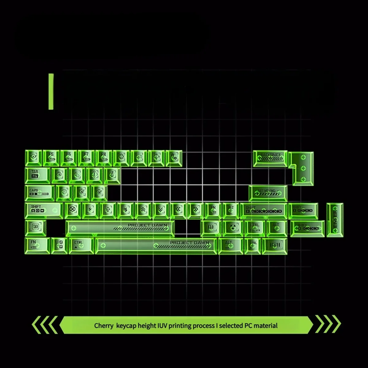 Vibrant transparent PC Supplement Keycap Set in a stunning Dawn green, showcasing an ethereal glow and artistic gradient.