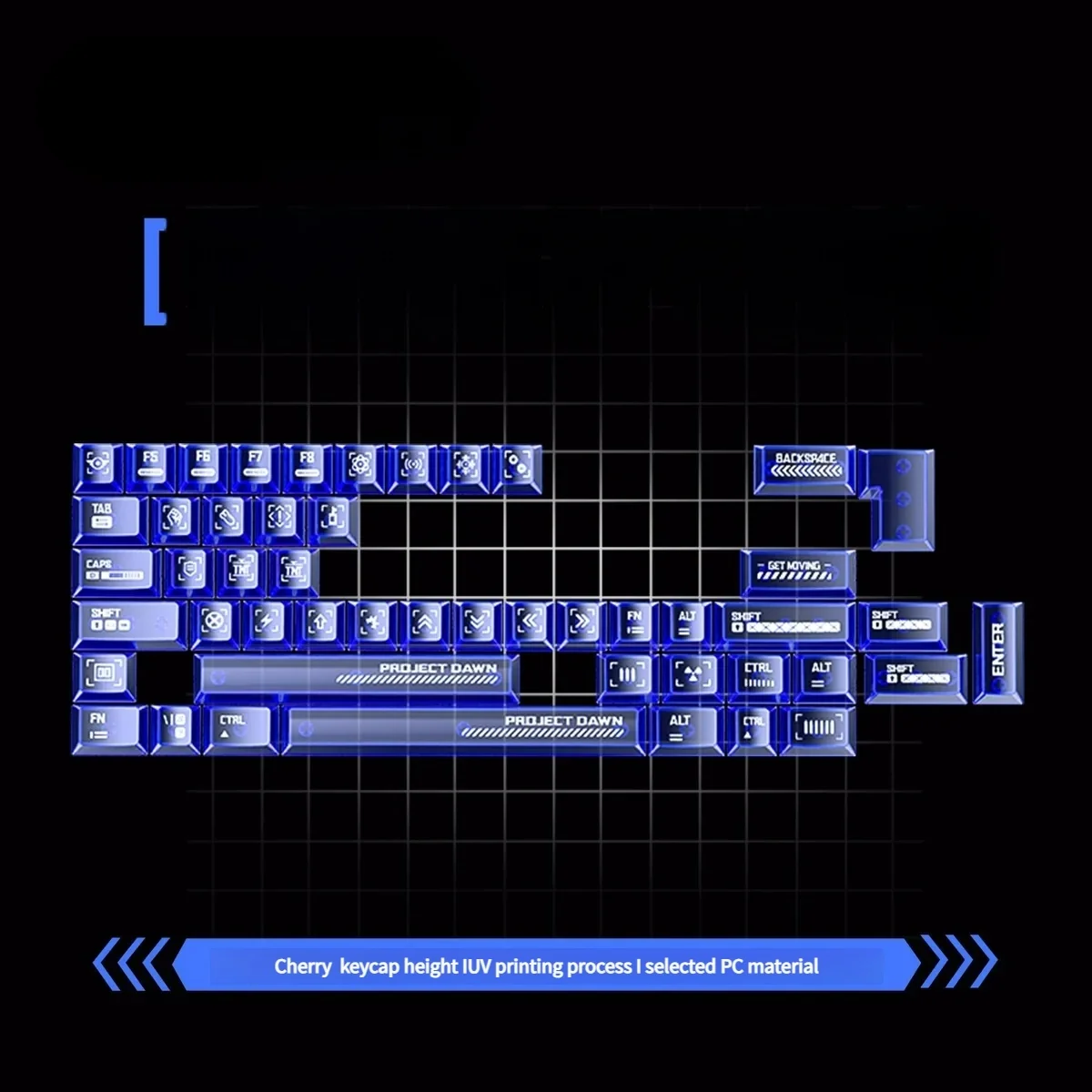 Vibrant transparent blue PC Supplement Keycap Set with an ethereal Dawn gradient, enhancing custom keyboards with artistic, luminous aesthetics.