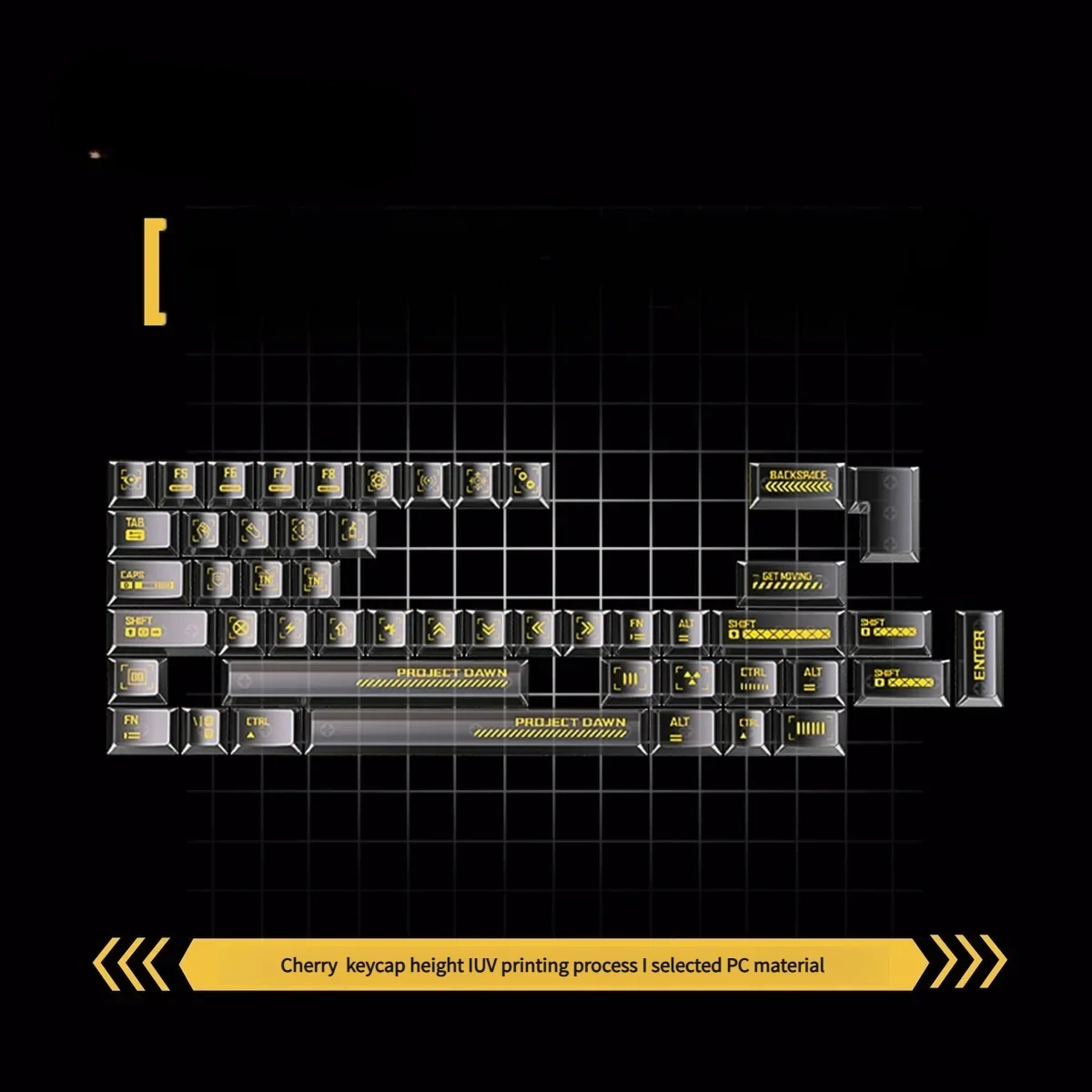 Transparent black Dawn PC Supplement Keycap Set with an ethereal gradient glow, showcasing their unique artistic aesthetic and transparent design.