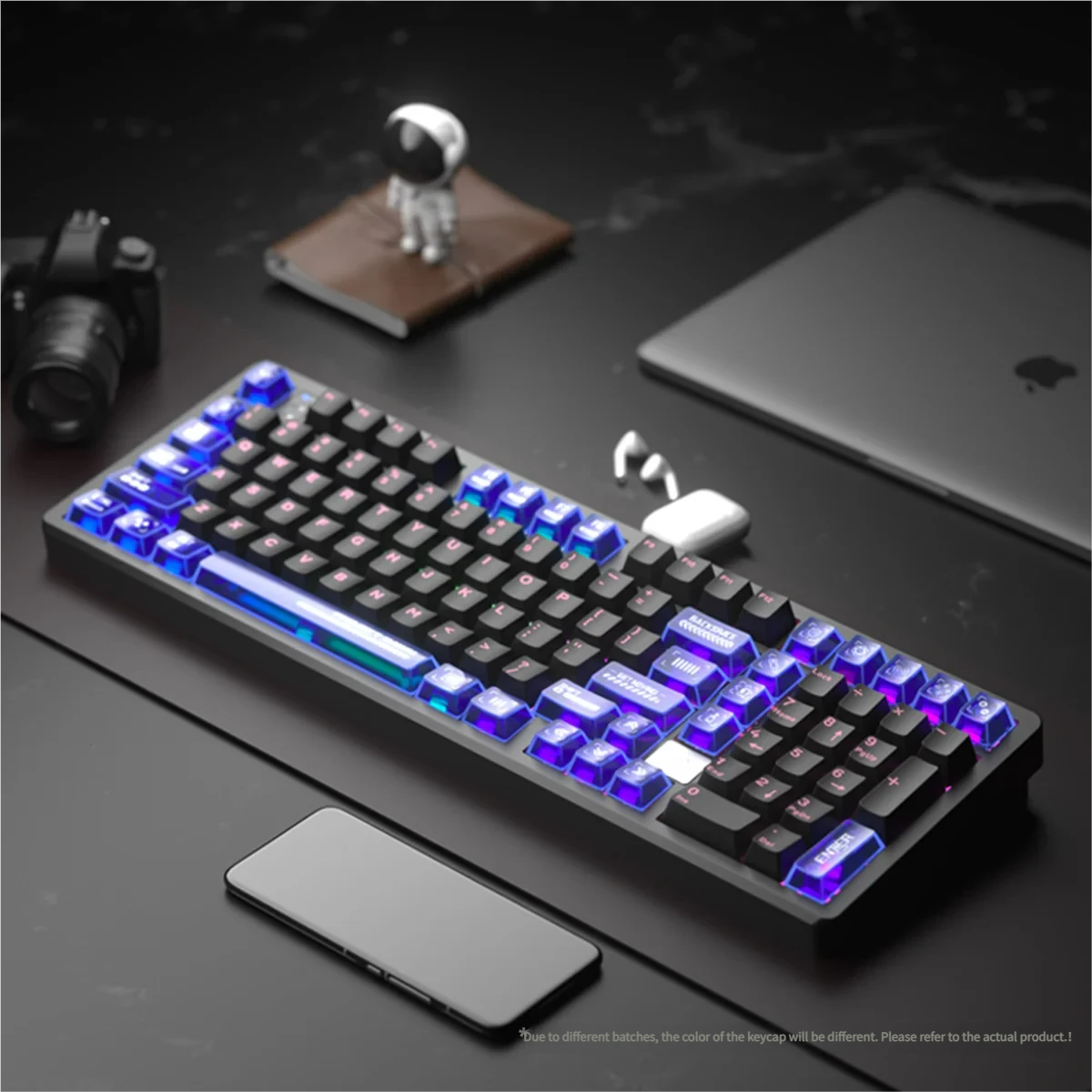 A gallery view of Dawn Transparent PC Supplement Keycap Set from multiple angles, showcasing their vibrant gradients, ethereal transparency, and unique artistic aesthetics.