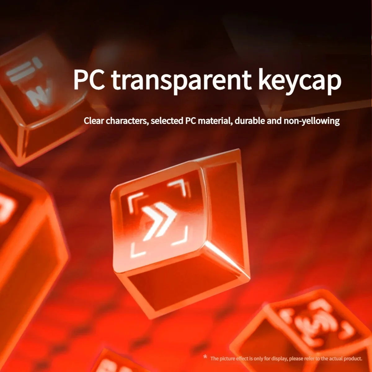 An artistic gallery of Dawn Transparent PC Supplement Keycap Set, showcasing their vibrant, ethereal light and unique gradient aesthetic from various angles.