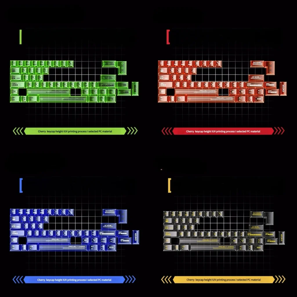 Vibrant Dawn Transparent PC Supplement Keycap Set main image, displaying their unique artistic aesthetic, ethereal light, and stunning transparent gradients.