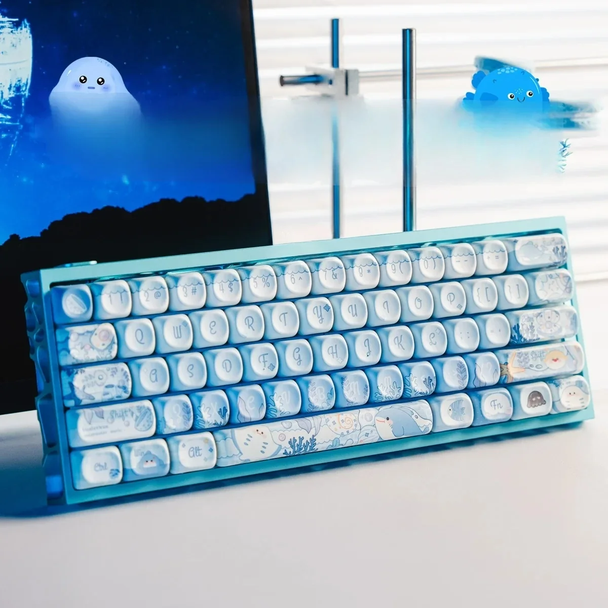 Detail view of the immersive PBT Dye-Sub underwater keycaps set, highlighting vibrant blue marine life and serene coral reef artistry.