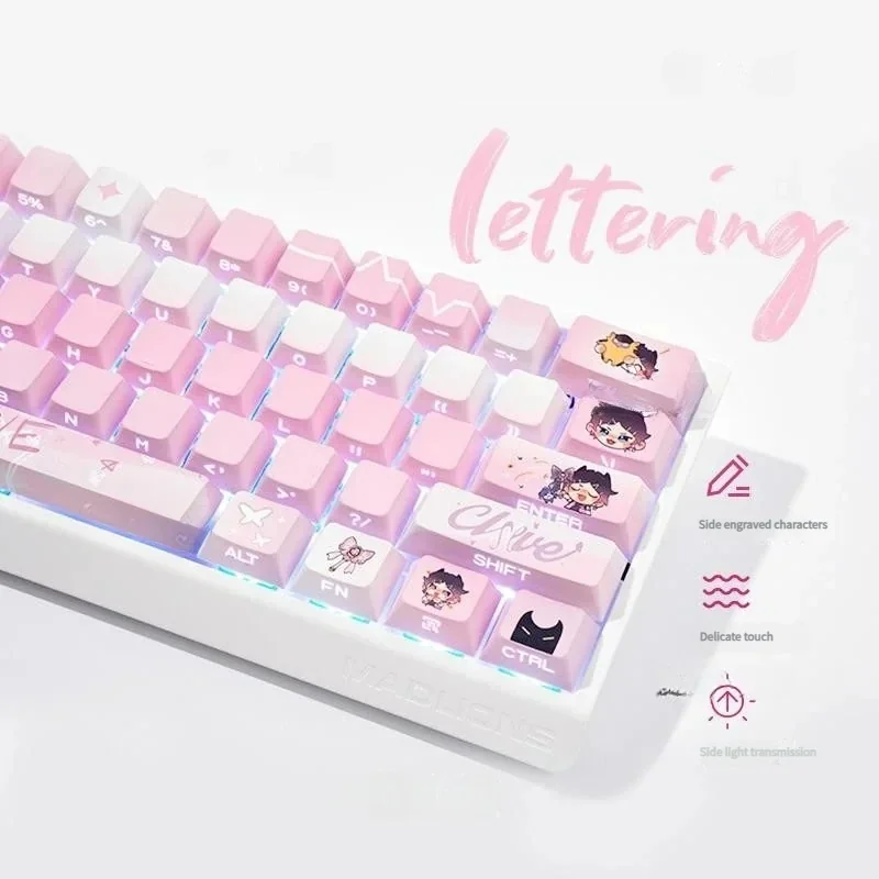 Close-up of Valorant Clove side-lit PBT keycaps set from multiple angles, showcasing their ethereal glow and unique butterfly design for RGB keyboard.