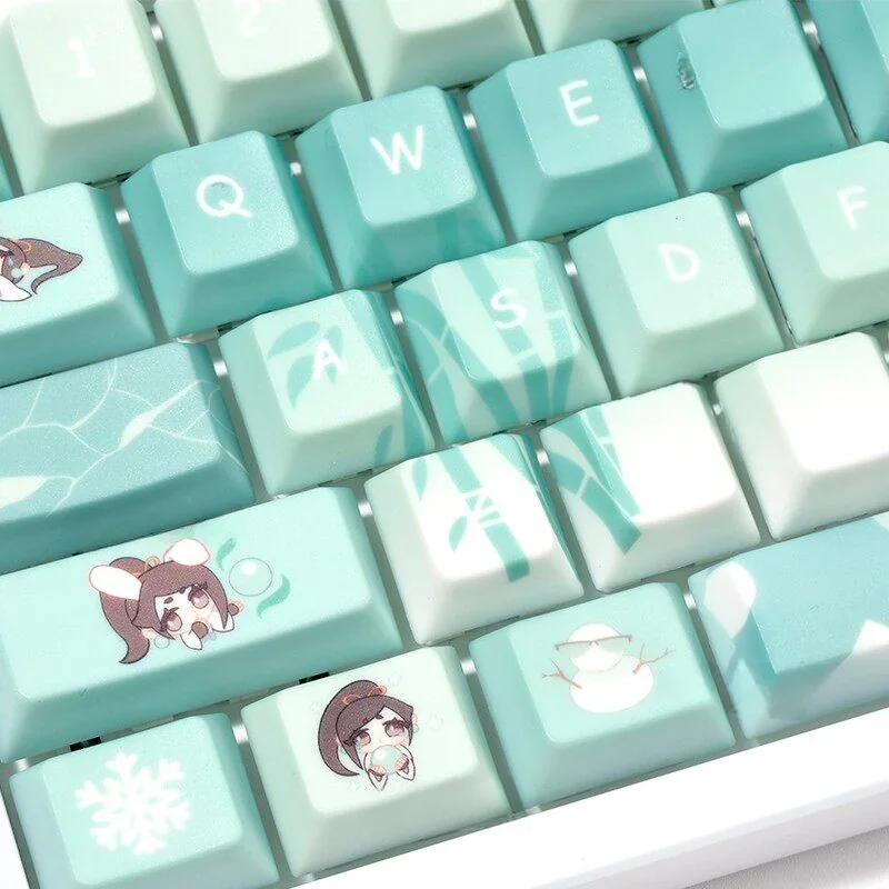 Detailed view of the Valorant Sage PBT dye-sub 131-keycap set, showcasing serene green and white character art and tactical motifs for a premium aesthetics.
