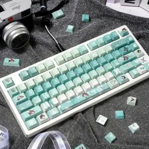 Stunning Valorant Sage PBT dye-sublimated 131-keycap set, showcasing serene green and white character art with tactical game motifs.