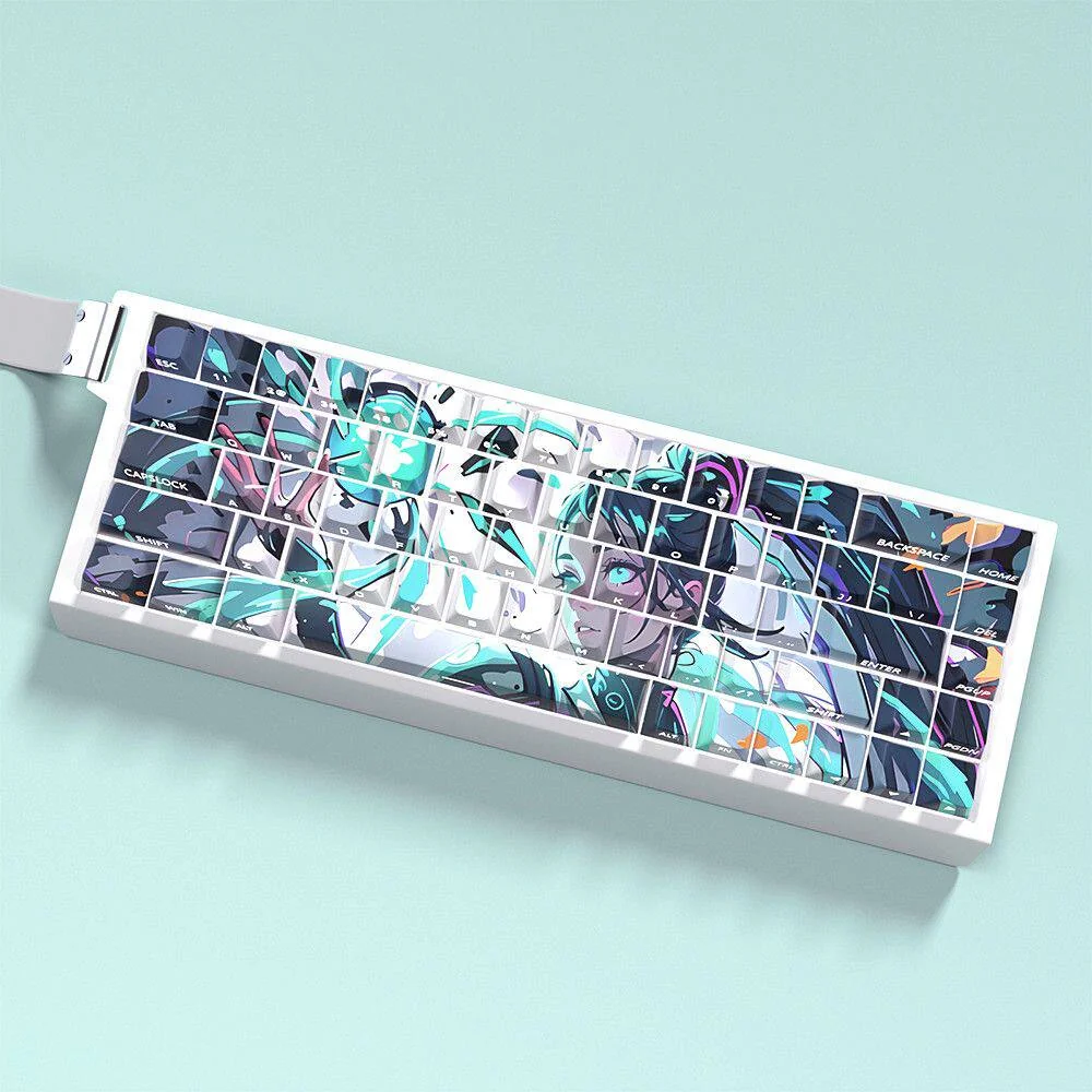 Valorant Sage PBT keycaps set from various angles, highlighting clean side-printed legends, vibrant backlighting, and magnetic switch compatibility.