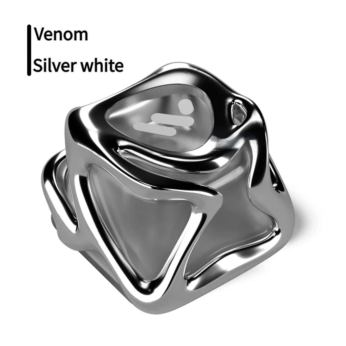 Handcrafted silver Venom keycap, showcasing an edgy metallic design suspended in clear resin, reflecting premium artistry and raw power.