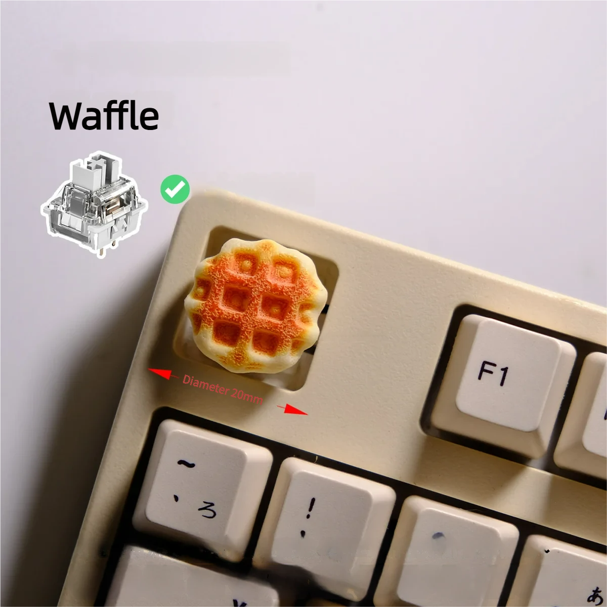 Handcrafted waffle keycap for MX, seen from various angles, revealing its delightful miniature design, realistic textures, and warm, inviting colors.