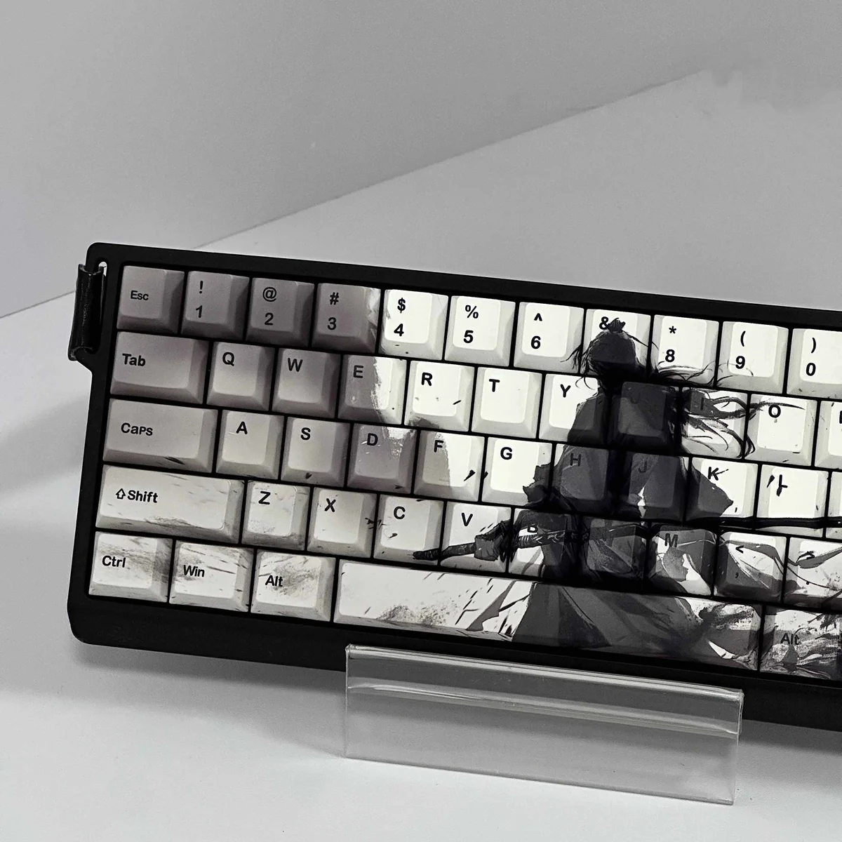 Vivid close-up of durable PBT Warrior Keycaps Set, highlighting detailed dye-sublimated Japanese warrior motifs and sharp lines from various angles.