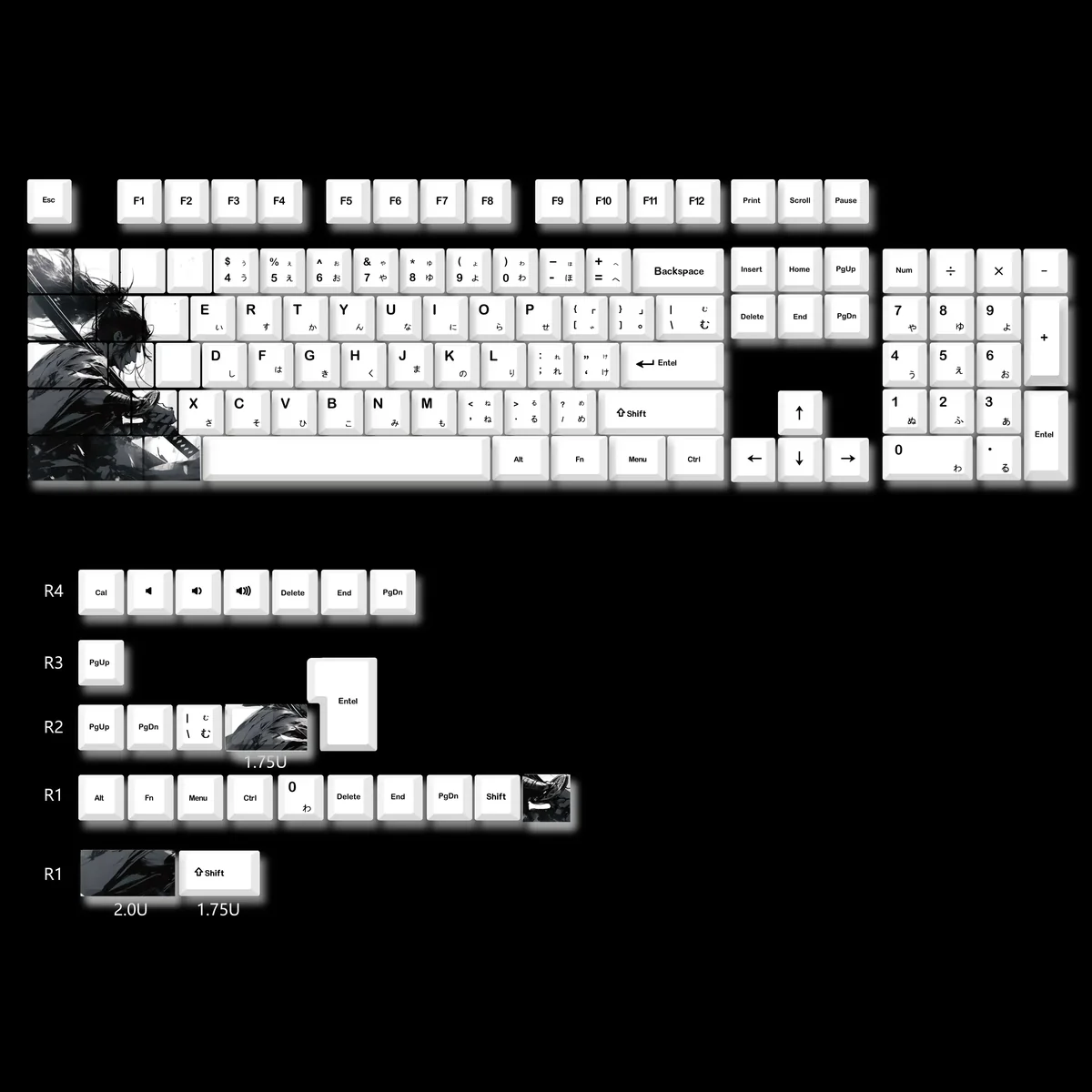 Premium dye-sub PBT themed keycaps set showcasing vibrant anime and stoic samurai motifs from multiple angles. Highlighting visual impact and quality.