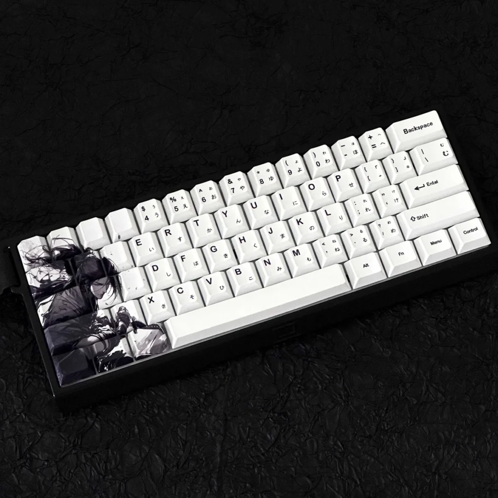 Artistic main display of premium Dye-Sub PBT themed keycaps set, showcasing vibrant anime and stoic samurai motifs for visual impact.