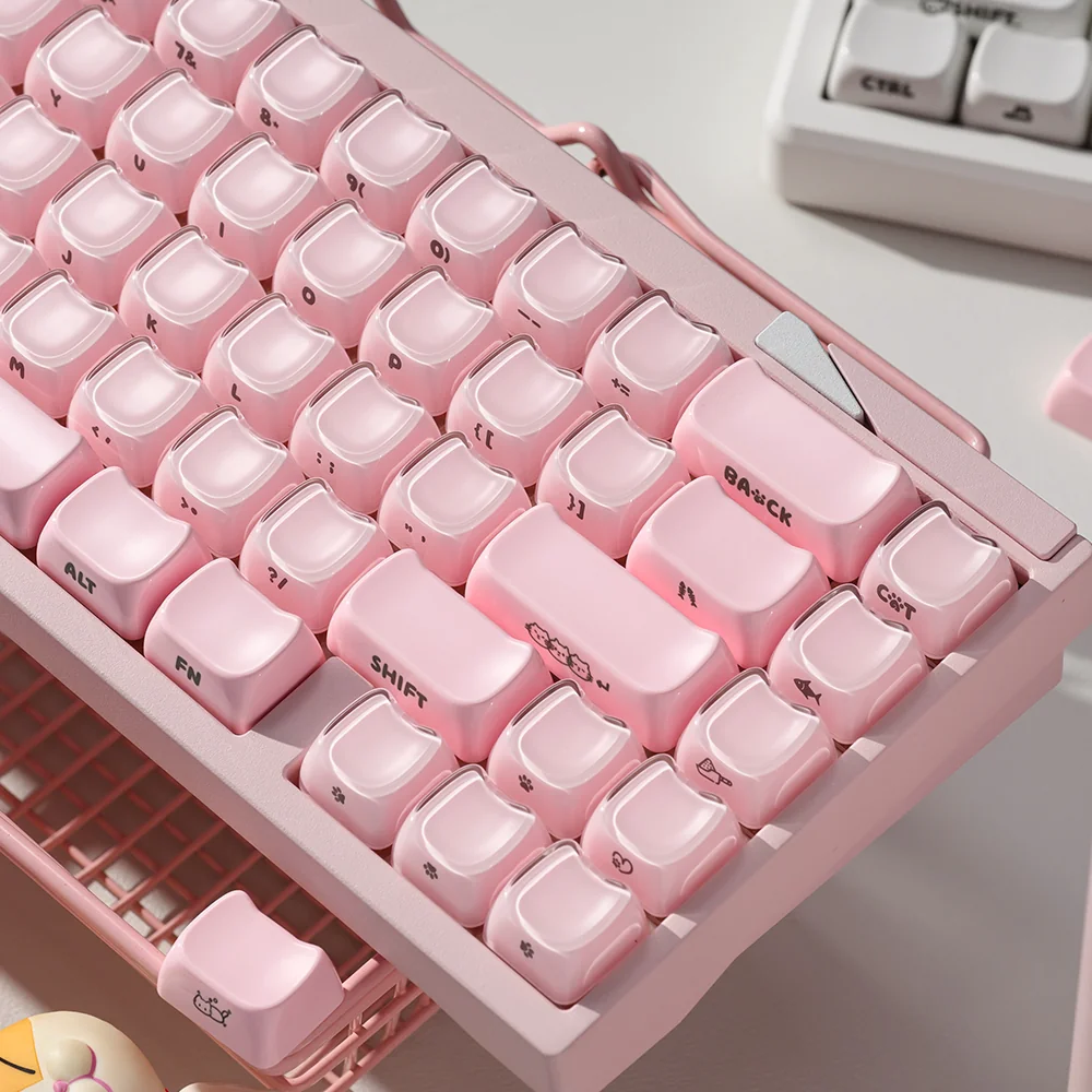 Array of Whimsical Crystal Jelly MAO Keycap Set, captured from multiple perspectives, emphasizing their distinct feline aesthetic and clear material.