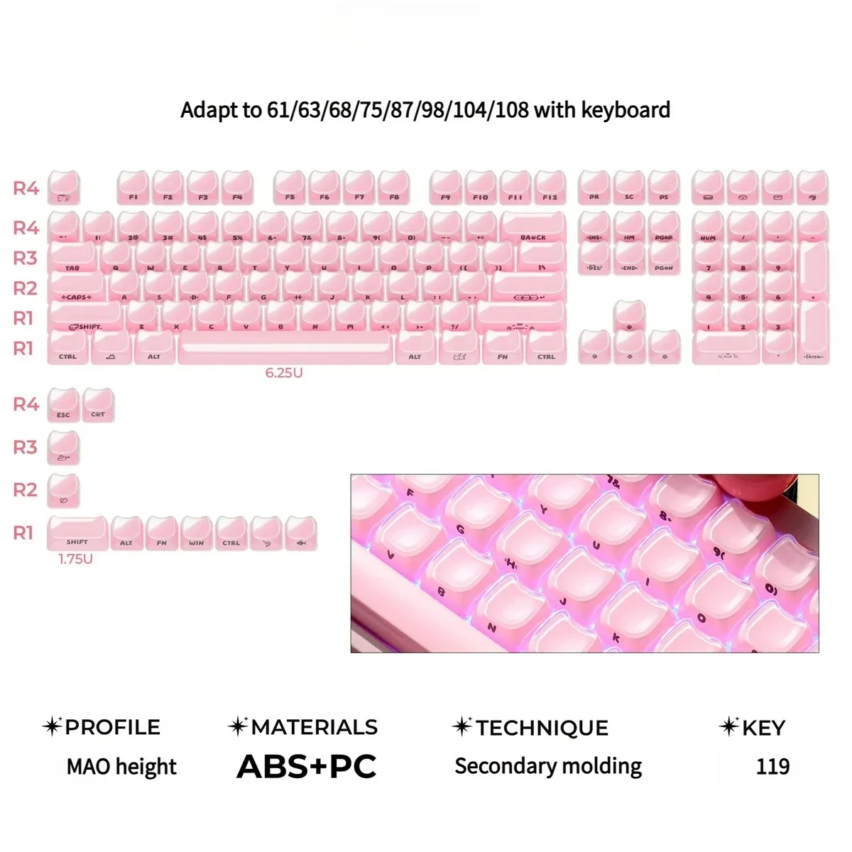 Close-up of a single pink translucent Whimsical Crystal Jelly MAO Keycap Set, part of a novelty set, highlighting its smooth crystal-jelly finish and intricate detail.