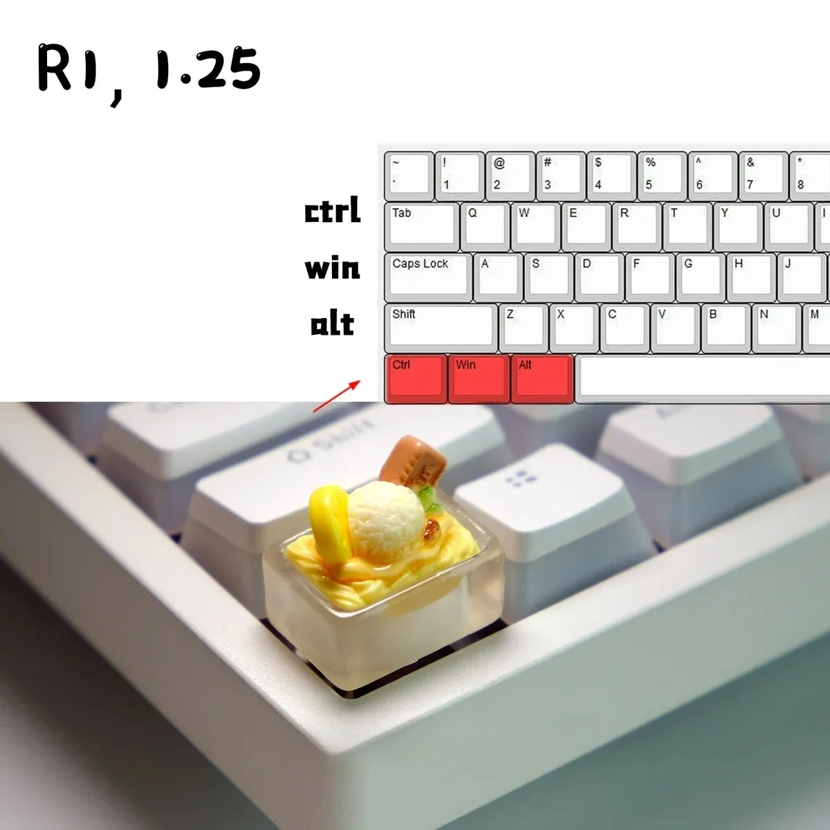 Whimsical handcrafted ice cream keycap from various angles, revealing realistic pastel scoops. This charming, edible accent piece is meticulously hand.