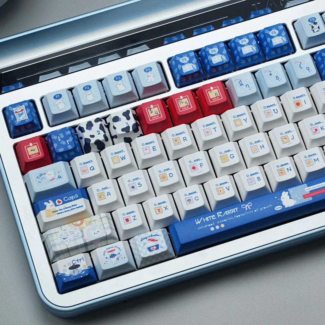 Assorted Milk Rabbit Candy cute keyboard caps, arranged to show the complete set's whimsical and nostalgic design.