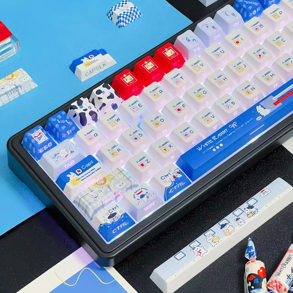 Lifestyle shot of Milk Rabbit candy-themed keycaps on a mechanical keyboard, enhancing a personalized setup.